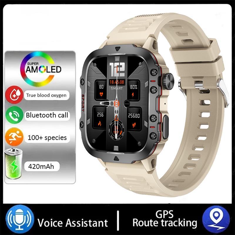 Neue Smart Watch 1,96 Zoll Bildschirm 420 MAh Bluetooth Anruf Sprachassistent Uhr Sport Fitness Wasserdichte Smartwatch für Männer Silica gel mandel