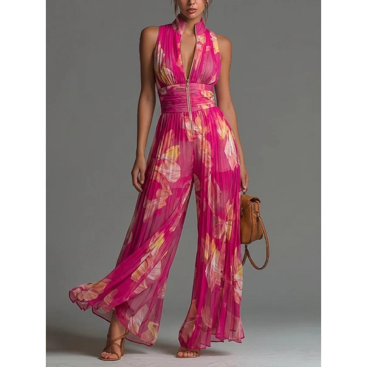 Damen ärmelloser High-Neck-Jumpsuit mit Falten und weitem Bein, hohe Taille, elegant, einfarbig, Party-Jumpsuit 2XL rot