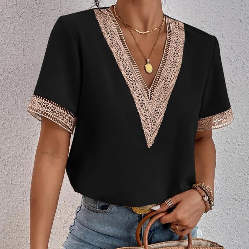 VEZFAA Damenmode Casual Sommer Frühling Einfarbig Druck Spitze Kurzarm V-Ausschnitt Blusen & Hemden XXL schwarz