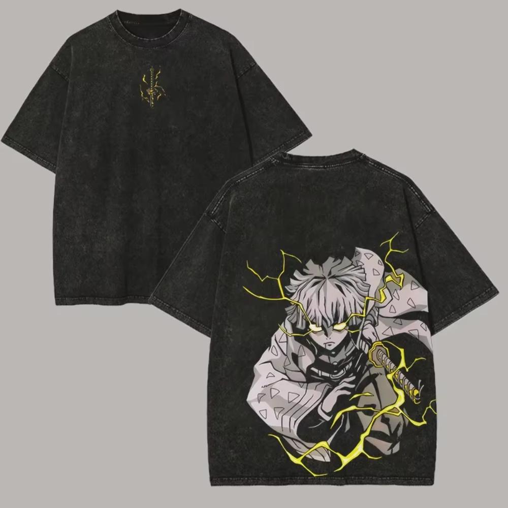 Zenitsu Demon Slayer Grafik T-Shirt Cartoon Vintage Wash Oversize T-Shirt Herren Damen Bekleidung Baumwolle Weich Semi-Retail T-Shirt S