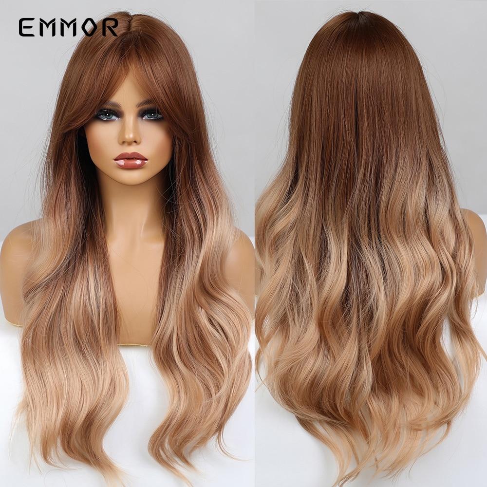 Synthetische Ombre-Braun- bis Hellblonde-Haarperücke mit Pony, natürliche gewellte Perücke für Frauen, Cosplay, hitzebeständige Faserperücken brown