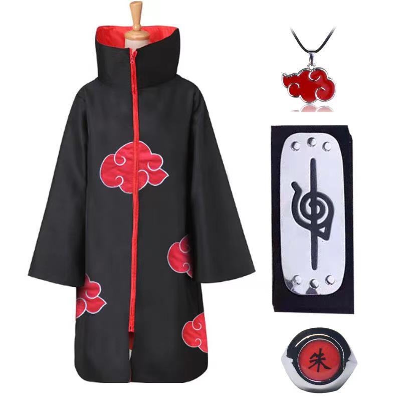 4 stücke Anime Naruto Akatsuki Uchiha Itachi Cosplay Kostüm Mantel Robe Ninja Mantel Set Ring Stirnband Halloween XXXL