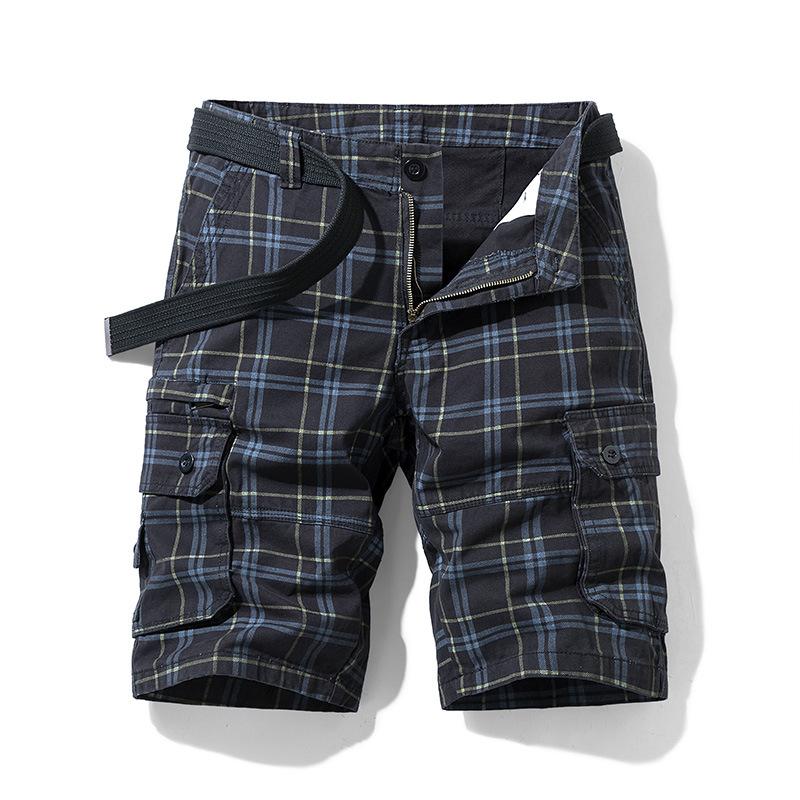 Sommer Baumwolle Herren Shorts Casual Sport Arbeitskleidung Fünf-Punkt-Hose Plaid Slim Multi-Pocket-Hose 2XL schwarz