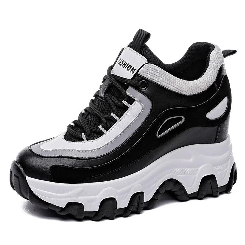 Mode 9CM Echtes Leder Plateau Keilabsatz Versteckter Absatz Damen Freizeitschuhe Klobige Sneaker Za Ins Mode Winter Warme Sneaker Stiefel 39 schwarz