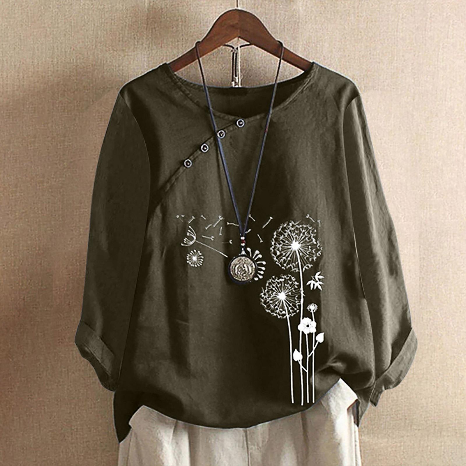 Plus Größe 5XL Blumendruck Bluse Dame Langarm Baumwolle Leinen Hemd Frühling Herbst Frauen Top Casual Knöpfe Bluse XXXL armee grüne