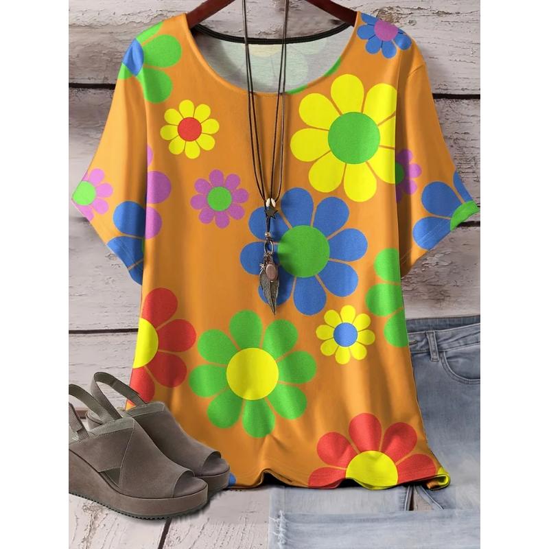 Modisches Damen Rundhals Kurzarm 3D Blumen Farbdruck Blumen Kurzarm Rundhals T-Shirt 5XL