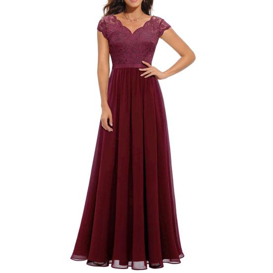 Damen Spitze V-Ausschnitt Abendkleid Lang A-Linie Chiffon Brautjungfernkleid Mutter der Braut Hochzeitsgast Maxikleid für Party Abschlussball XL wein rot