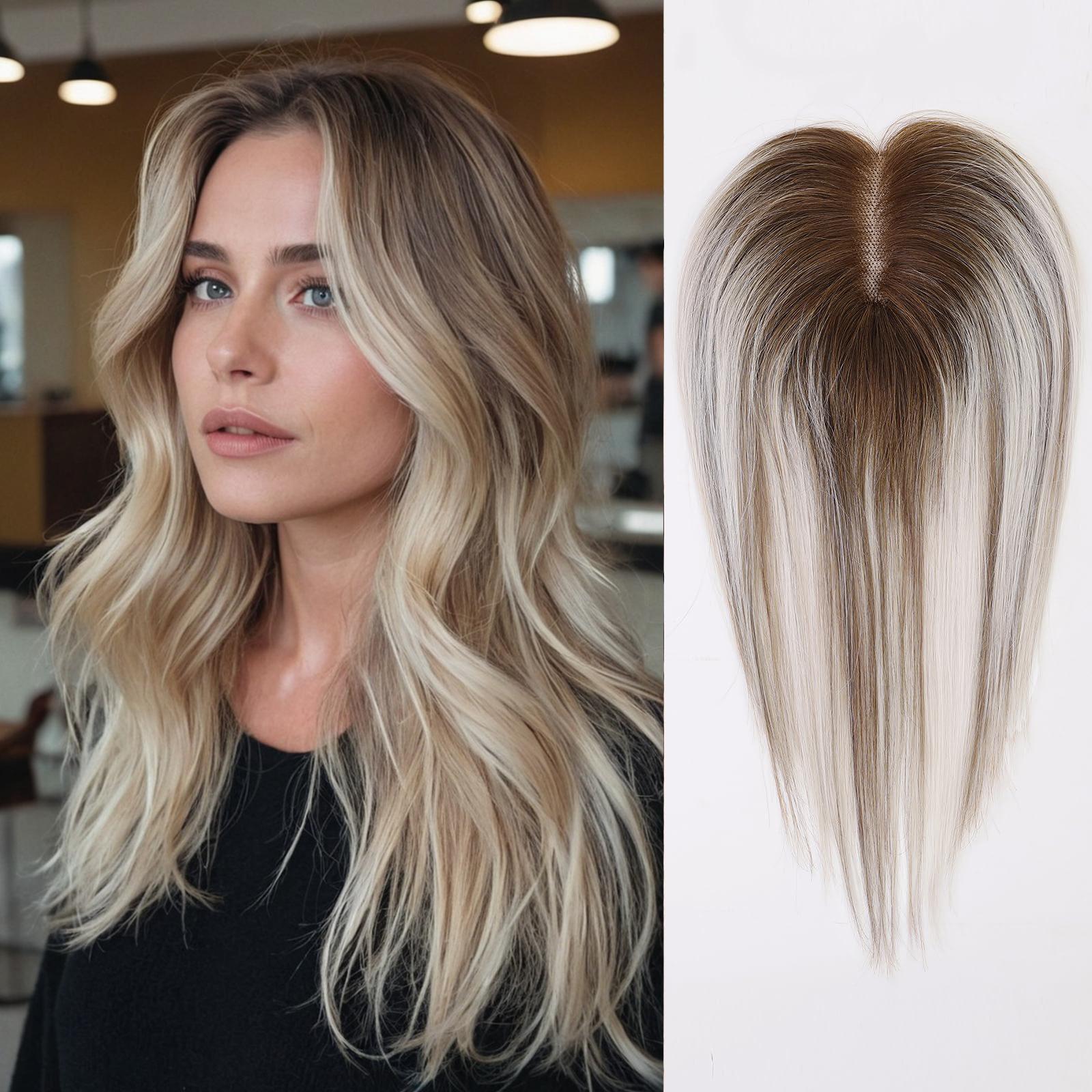 HAIRCUBE 12 Zoll Remy-Echthaar-Topper, Seidenspitze, Basisclip, Braun, Gemischt, Grau, Aschblond, Haar-Topper in Haarverlängerung für Frauen bei Haarausfall