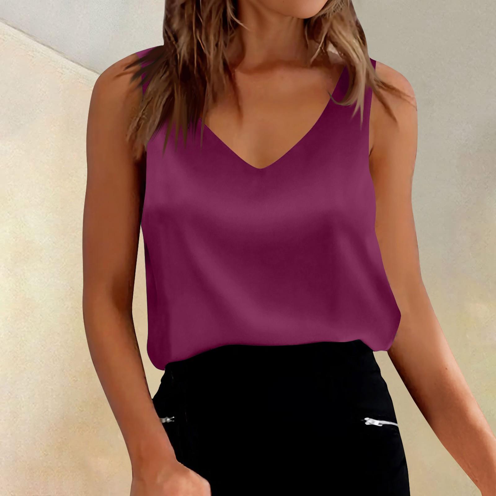 Damen Satin Tank Tops V-Ausschnitt Casual Cami Ärmelloses Camisole Blusen Sommer Basic Tank Shirt XXL dunkelviolette