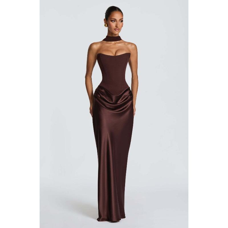 Neues Einfarbiges Taillen Sexy Schlauchoberteil Hüft Langes Kleid Kleid Satin Schnürung Streamer Kleid M dunkelbraune