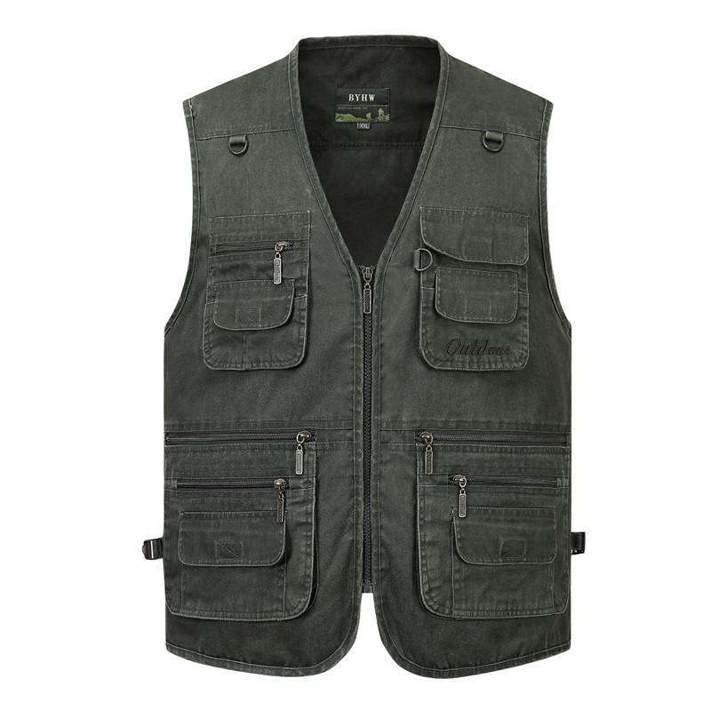 Herrenweste Freizeitjacke Frühling und Herbst Lockerer Stil Baumwolle Mehrere Taschen Reißverschluss Winddichte Jacke Kragenlose Ärmellose Jacke für Herren Größe L-10XL 6XL grün