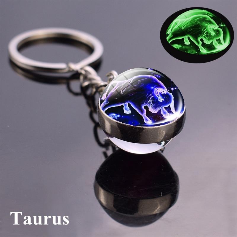 12 Konstellation Leuchtender Schlüsselanhänger Glaskugel Anhänger Sternzeichen Schlüsselanhänger Schlüsselanhänger Halter Männer Frauen Geburtstagsgeschenk Taurus blau
