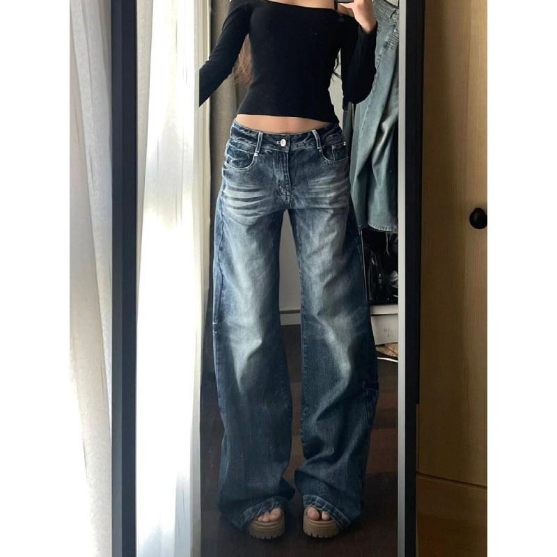 Vintage High Waist Damen Jeans Farbverlauf American Fashion Street Jeans Weite Bein Jeans Damen Jeanshose Baggy Jeanshose Übergröße S blau