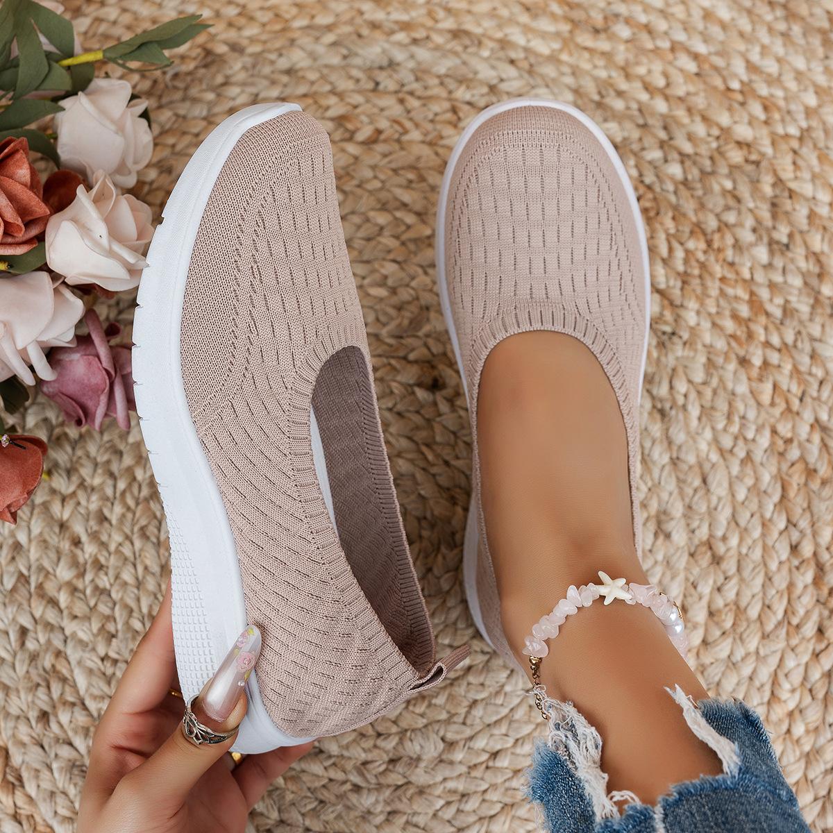 Damen Strickschuhe mit flacher runder Zehenpartie, Damen einfarbige Slip-On Walking Mesh Schuhe, Atmungsaktive Damen Alltagsschuhe 41 rosa