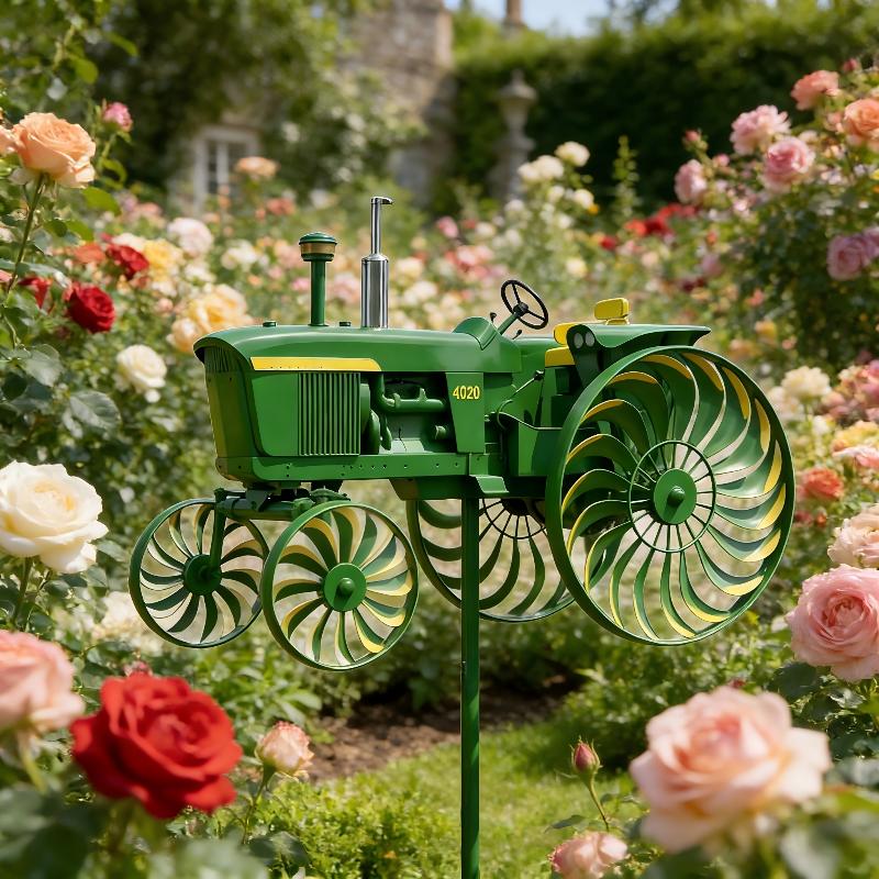 Garten-Windspiel, Grüner Traktor-Windrad-Pfahl Mit Drehenden Rädern Für Terrasse, Hof, Garten, Einzigartiges Außen-Skulpturen-Ornament grün