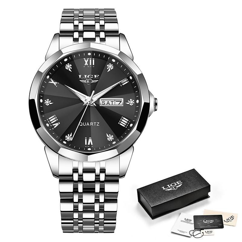 LIGE Neue Herrenmode-Uhr, Luxus-Business-Quarzuhr, Edelstahl, wasserdichte Uhr, Nachtleuchtendes Datum, Chronometer-Uhr schwarz