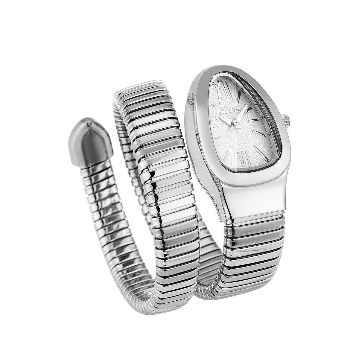 MISSFOX Klassische Schlangenform-Uhr für Damen, Gold/Silber, skalierbares Armband, Damenuhren, Quarz-Damenarmbanduhr weiß/silber