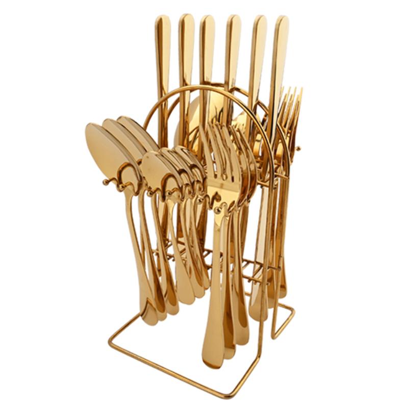 24-teiliges Besteck-Set auf Gestell, Edelstahl-Besteck-Set für Zuhause, Restaurant, Messer, Gabel, Löffel-Set, Küche, Abendessen, Besteck mit Halter gold