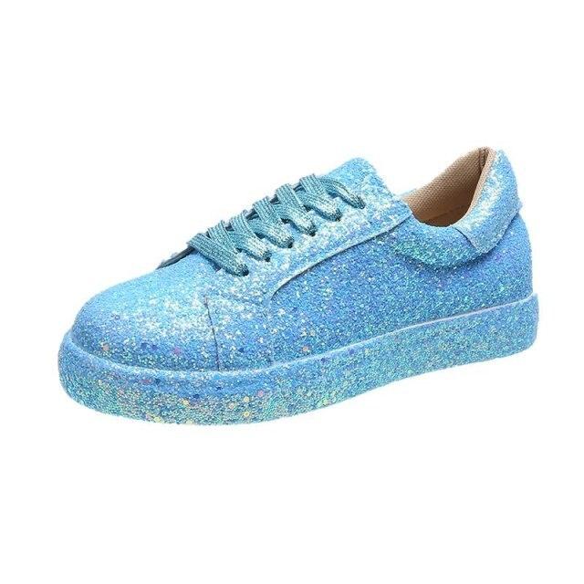 Frauen Vulkanisieren Schuhe Turnschuhe Splitter Bling Schuhe Mädchen Flache Glitter Turnschuhe Casual Weibliche Atmungsaktive Lace Up Sport Schuhe 37 himmelblaue