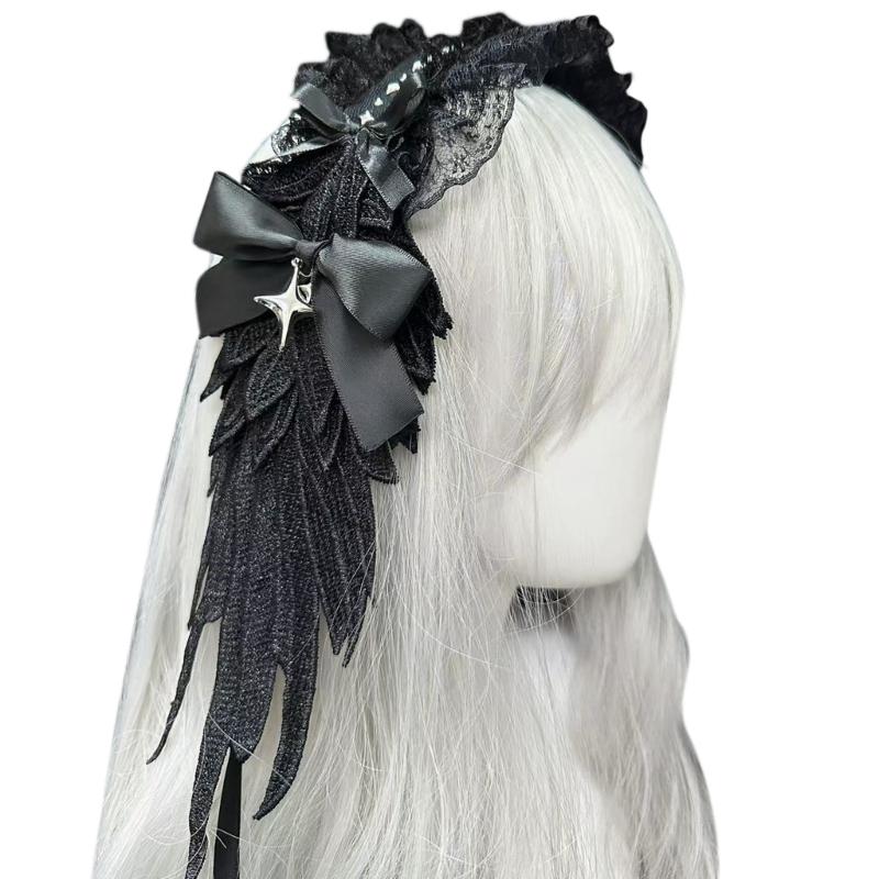 Anime Maid Schleife Stirnband Engelsflügel Spitze Stirnband Für Halloween Party Cosplay Kostüm Haarschmuck Für Nachtveranstaltung schwarz