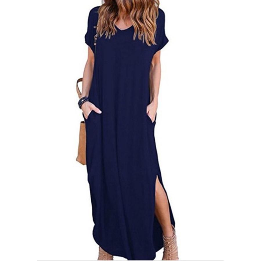 Plus Größe 5XL Sexy Frauen Kleid Sommer 2022 Feste Beiläufige Kurzarm Maxi Kleid Für Frauen Lange DressLady Kleider L navy blau