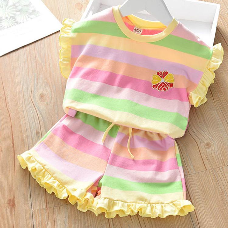 Zweiteiliger Anzug Kinderkleidung Sommer Regenbogen Freizeitanzug Mädchen Pilz T-Shirt Shorts 90 gelb