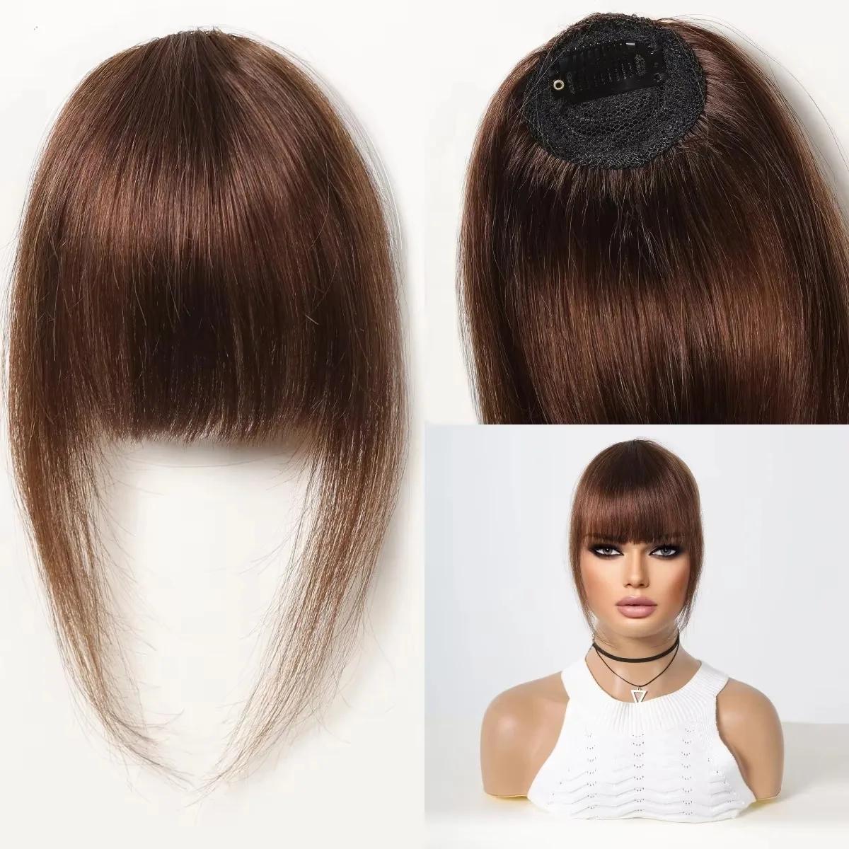 100% Echthaar Pony Naturbraun Haarclip Pony Fransen mit Schläfen Haarteil für Frauen Clip-on Luftpony 4,5 Zoll 1pc&6inches