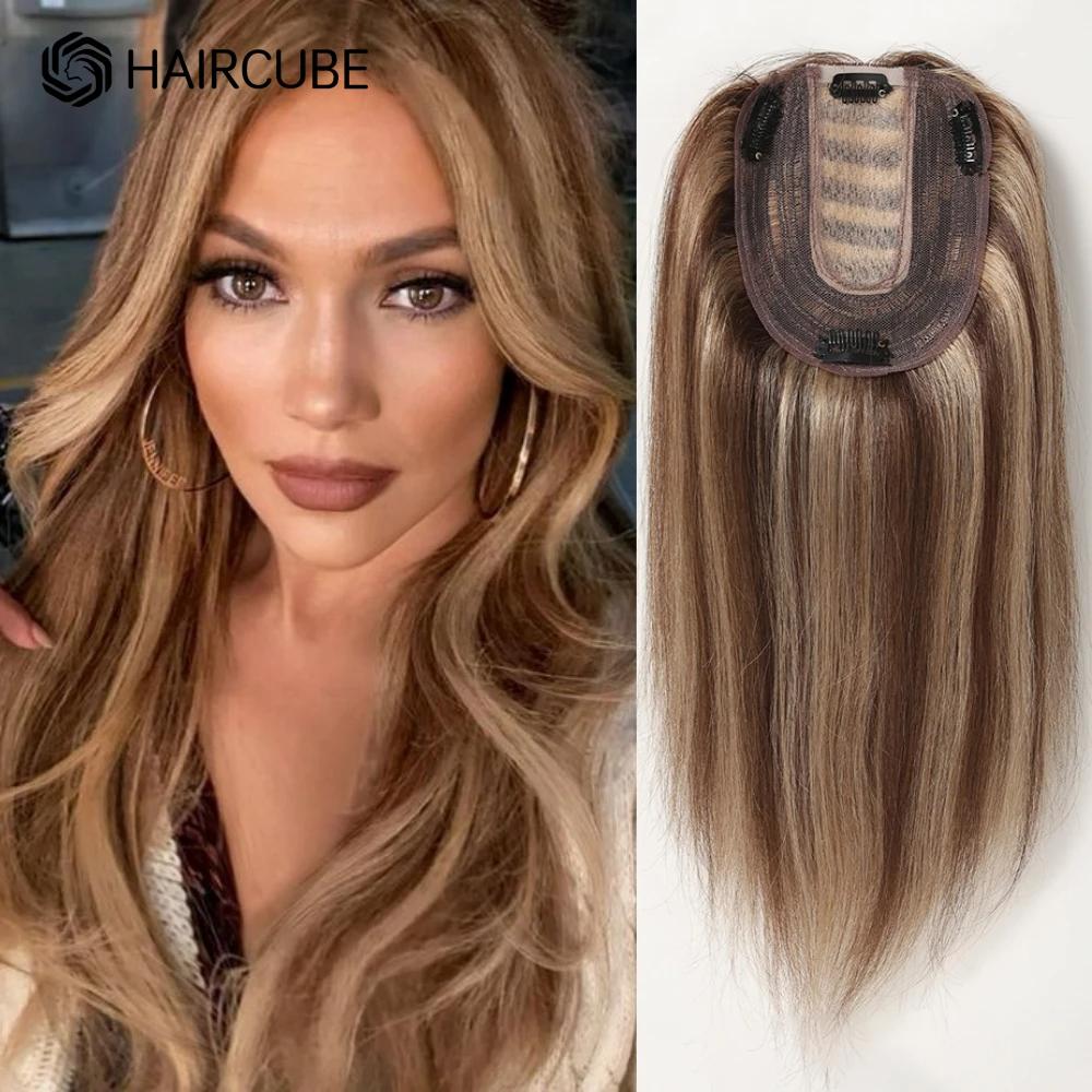 HAIRCUBE 12-Zoll-Echthaar-Topper für Damen, goldblond, Highlights, Haarteile für Frauen, Haarausfall, Seidenbasis, Clip-in-Topper, 150 % Dichte