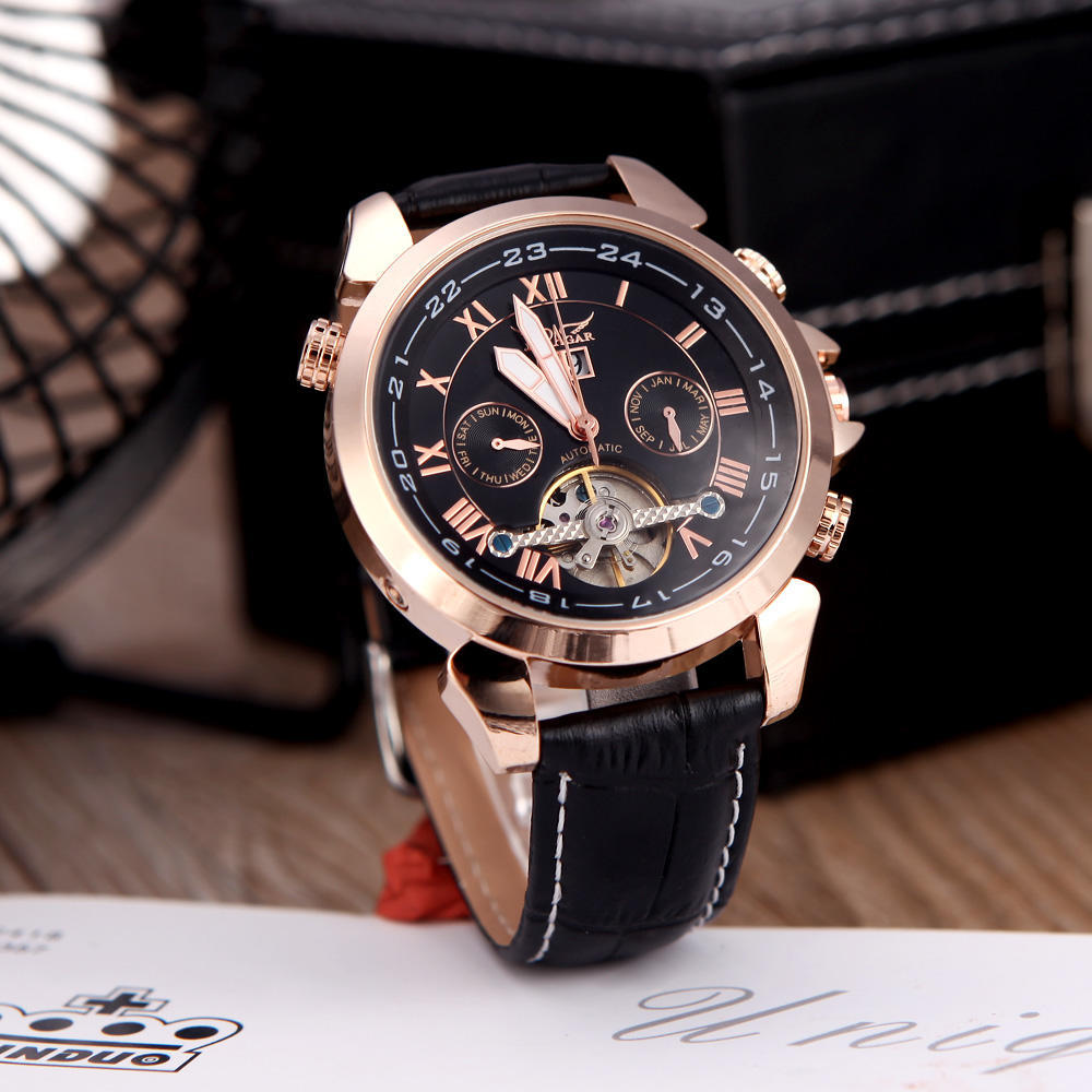 Jaragar Berühmte Herrenuhren der Top-Marke Luxus Tag/Woche Tourbillon Automatische mechanische Uhren Armbanduhr Geschenkbox rose gold