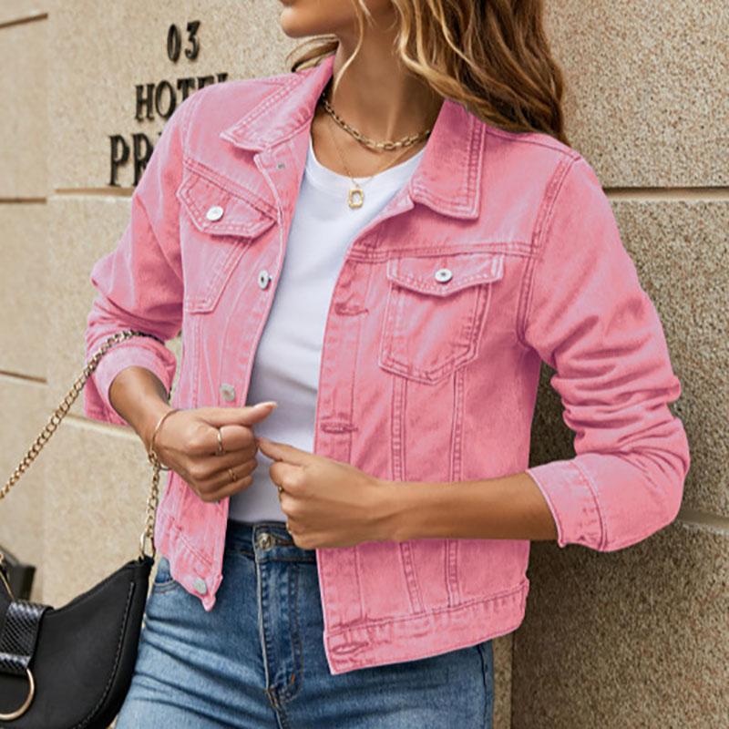 Jeansjacke für Damen Einfarbig Schwarz Blau Gelb Rosa Rot Lässig Langärmlig Knopfleiste Brusttasche Jeansjacke XXXL rosa