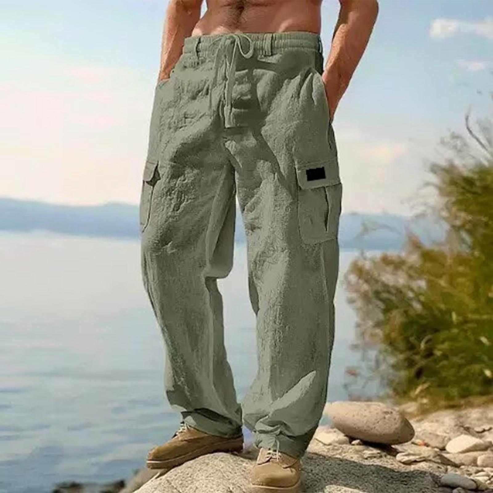 Herren Lockere Passform Leinen Baumwolle Cargohosen Leicht Atmungsaktiv Mehrere Taschen Utility Hosen Lässig Weiter Bein Arbeitskleidung Hosen XL armee grüne