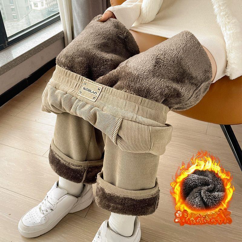 Winterhose mit weitem Bein für Damen, Herbst, Plüschhose für Damen, extra dicke Lammfleece, warme, gerade koreanische Hose, Joggers für Damen XXXXL khaki