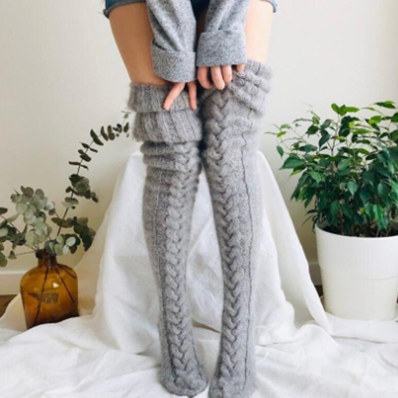 Frauen Warme Über Knie Socken Winter Stricken Oberschenkel-Hohe Strümpfe Warme Kawaii Geflochtene Gestrickte Lange Strümpfe Für Mädchen Frau One Size grau