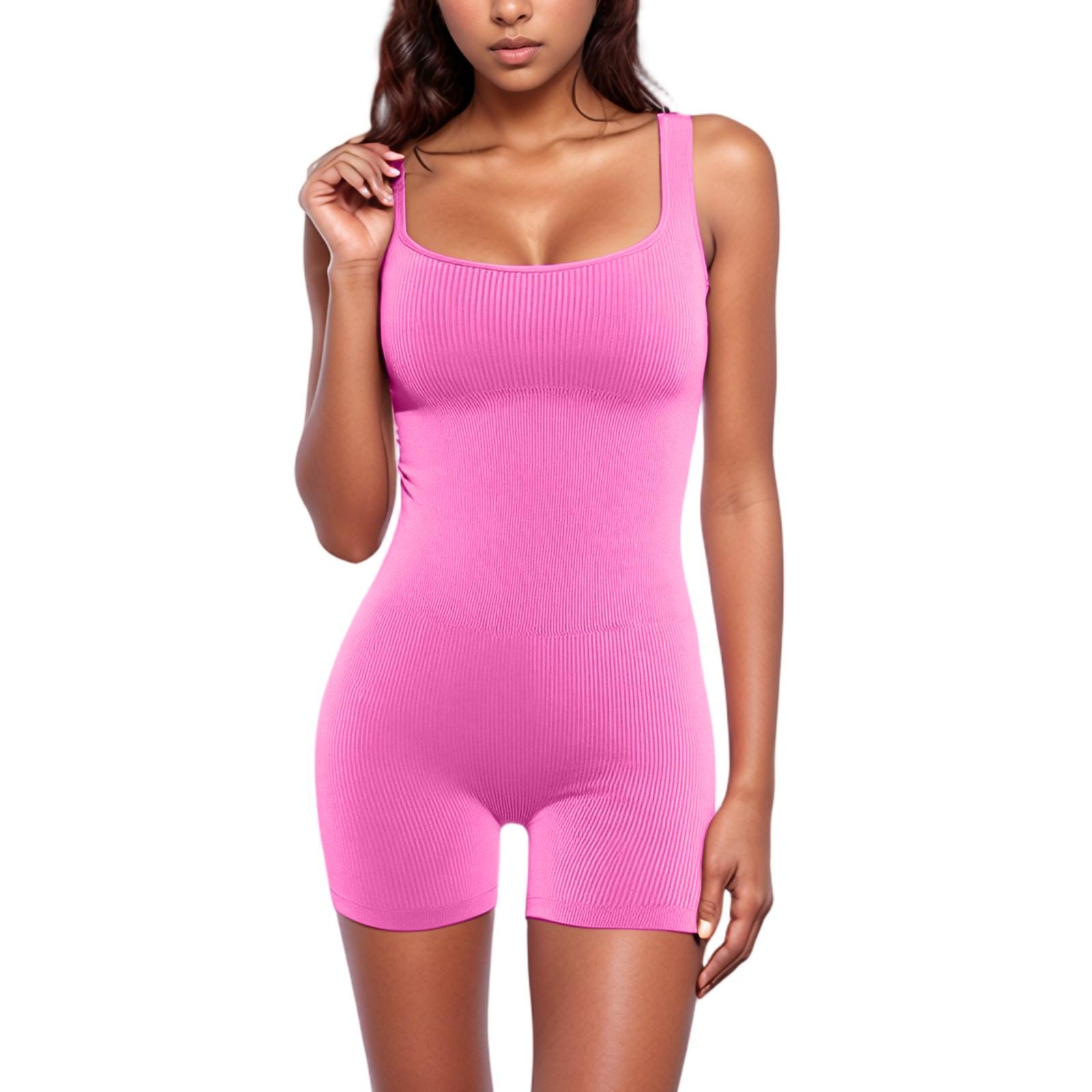 Damen Ärmelloser Tanktop Jumpsuit Gerippter Eckiger Ausschnitt Hüftlifting Schlank Sexy Shorts Jumpsuit S heißes rosa