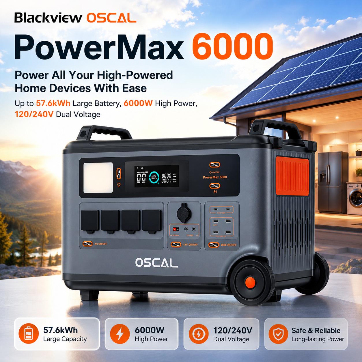 OSCAL PowerMax6000 Tragbare Powerstation 6000W 3600Wh LiFePO4 Solargenerator 57600Wh Erweiterbar 120V/240V USV Schnellladung APP für Zuhause Wohnmobil Off-Grid OSCAL PowerMax6000-YY