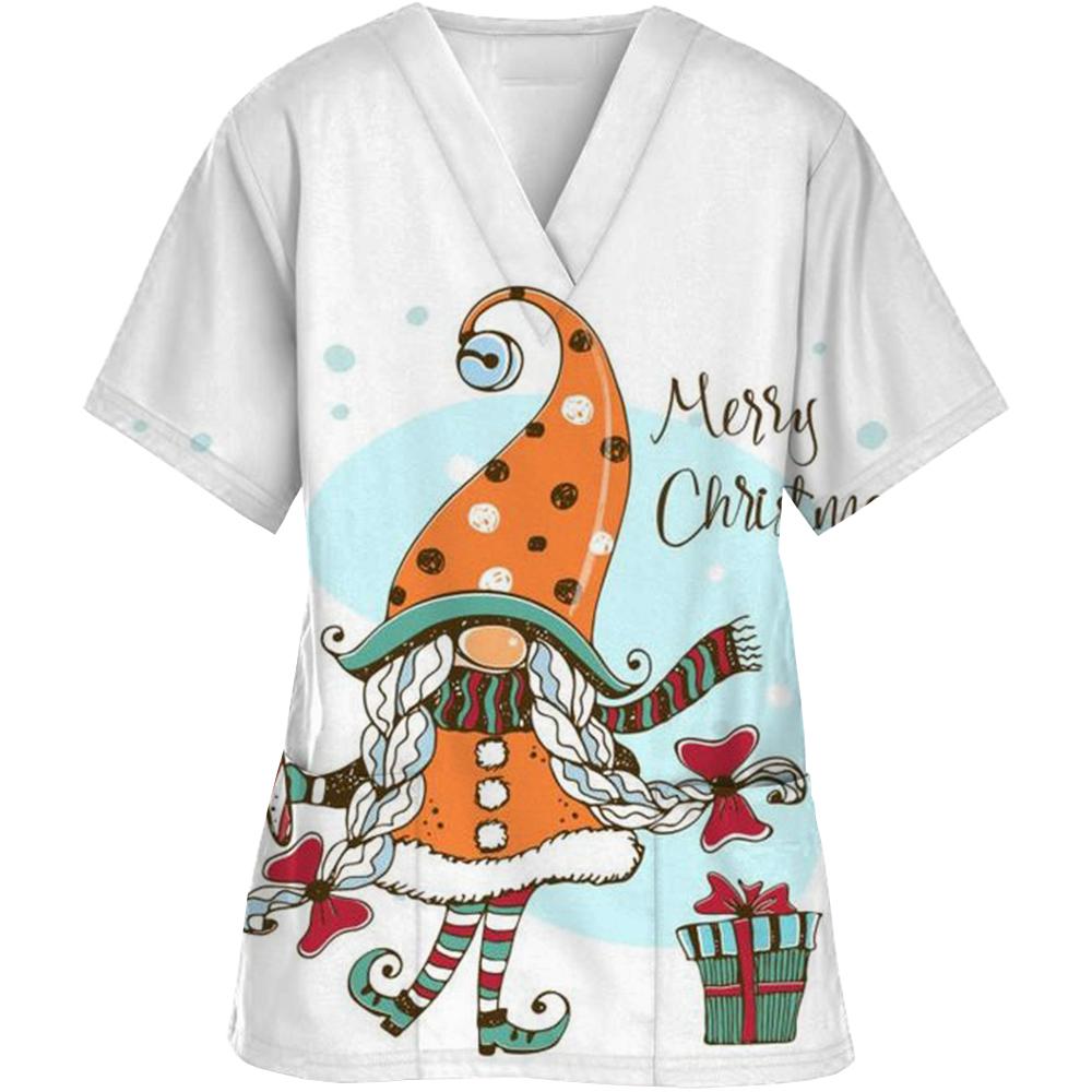 Weihnachtsbedruckte V-Ausschnitt Kasacks für Damen Herren Bluse Baumwolle Chirurgen Arbeitskleidung Medizinische Uniform Arzt Krankenschwester Kasacks 4XL white
