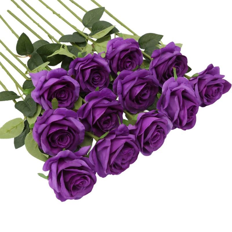 12 Stück große künstliche Seidenrosen, künstliche Blumen mit langem Stiel, künstliche Rosen, lebensechte Blumen für Hochzeit, Zuhause, Party, Tischdekoration violett