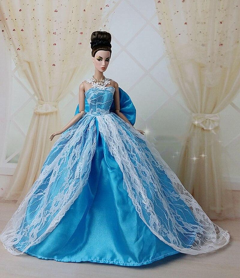 Blaues Brautkleid mit Schleife und Spitze für Barbie-Puppenkleidung 1:6 Abendpartykleidung Lange Kleider Puppenkleidung für Barbie-Puppenhaus blau