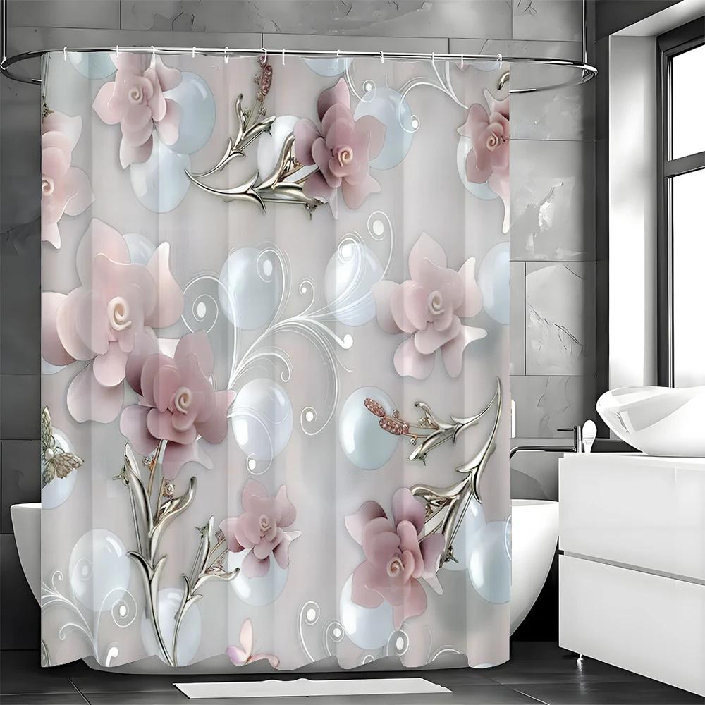 Moderner floral geprägter Duschvorhang, dekorativer Badezimmer-Duschvorhang, wasserdichter Duschvorhang mit Haken W180xH180cm