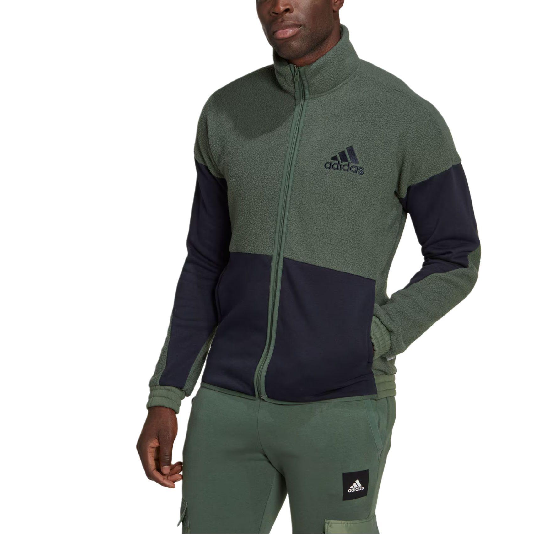 Adidas Colorblock Sherpa Fleece Bequeme Warme Sportmarkenlogo Jacke Herren Jacken Oxidiertes Grün Tinte HK4603 L
