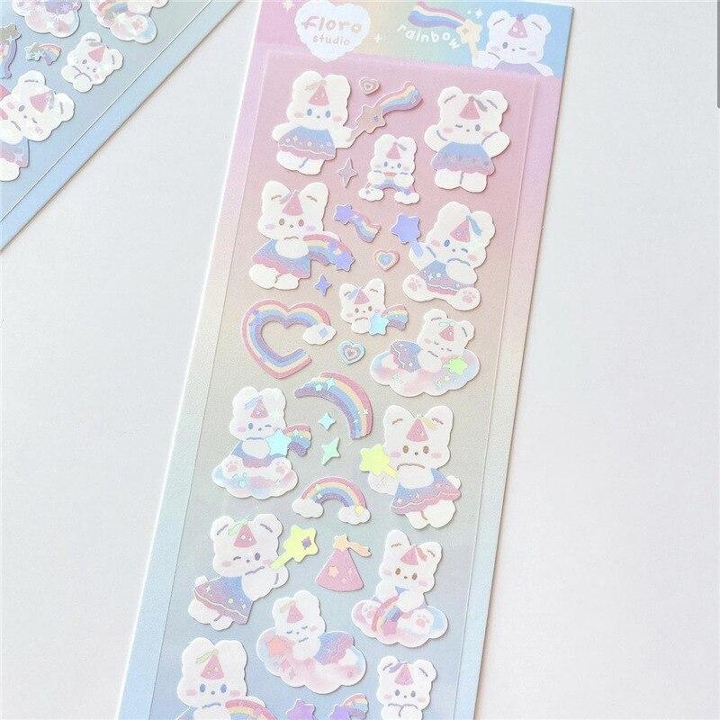 1pc Koreanische Nette Aufkleber Kawaii Bling Bunny Regenbogen Vier-blatt Pudding Aufkleber Wasserdicht Heißer Silber Aufkleber für Student DIY Foto 50*150mm