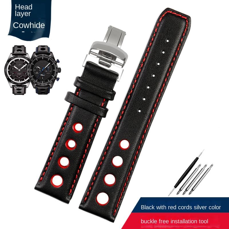 Echtes Leder Armband Für tissot 1853 Sport Racing Serie PRS516 T91 T044 Weiches Rindsleder Armband 20mm Faltschließe Armband 20mm silver clasp black