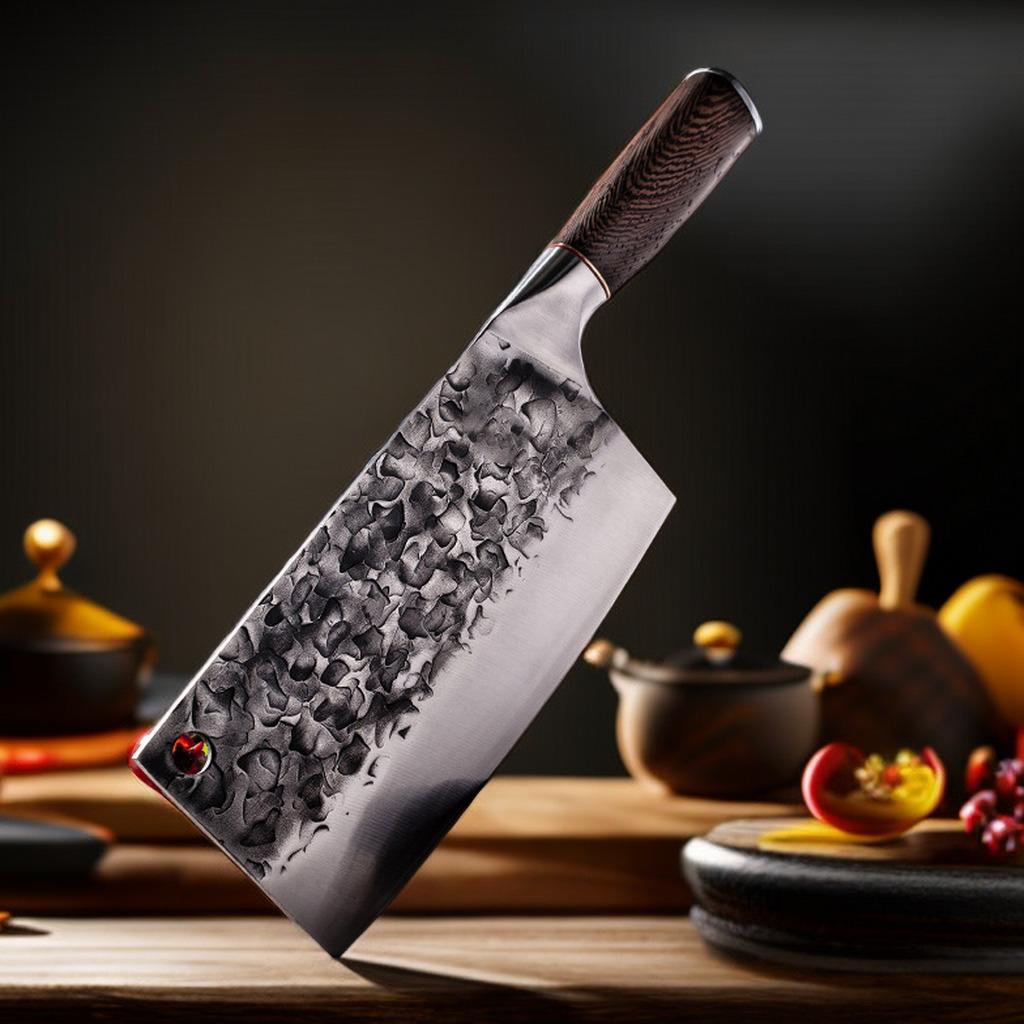 Geschmiedetes Küchenmesser-Chopper-Set FullTang, handgefertigt, Kochmesser, professionelles Fleischerbeil, Stahl umwickelt, Griff aus Massivholz