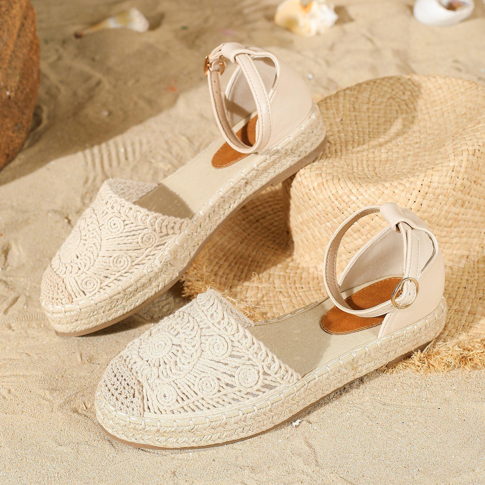 Sommer Vintage Ballerinas Hanfseil Sohle Sandalen Damen Bequeme Sandalen Damen Fischer Sandalen Sandalias 39EU/CN40 beige