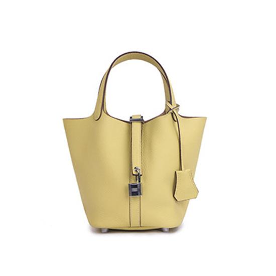 Echtes Leder Damen Handtaschen Designer Kleine Tragetasche Ohne Logo Erste Schicht Rindsleder Schulter Einkaufstasche Mit Silberfarbenem Vorhängeschloss S 22x17x22cm gelb