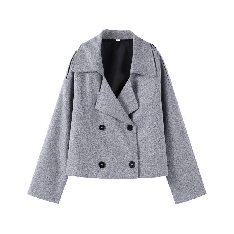 Lässiger zweireihiger Mantel Damen locker Revers Langarm Kurze Mäntel Herbst Winter Neu Weiblich Elegant Grau Oberbekleidung M grau