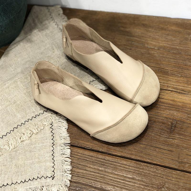 2024 Freizeit Retro Einfache Echtleder Bean Damenschuhe Handgemachte Echtleder Damenschuhe Weicher Flacher Boden Runder Kopf 40 beige