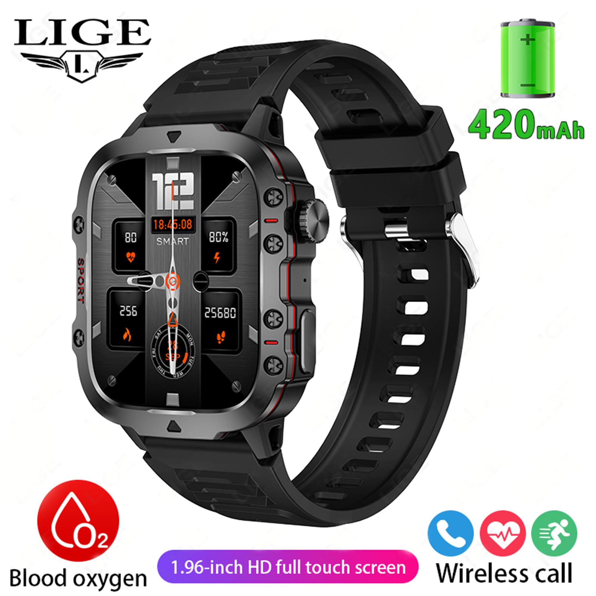 LIGE 1,96-Zoll-HD-Smartwatch mit quadratischem Bildschirm, kontinuierliche Herzfrequenz-Gesundheitserkennung, Smart-Armband, Outdoor-Sport, wasserdichte Fitness-Smartwatch Silicone strap schwarz
