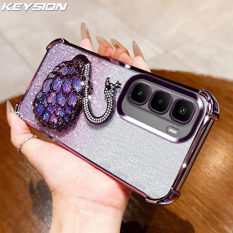 KEYSION Stoßfeste Beschichtung Handyhülle für Infinix Hot 60 Pro+ Hot 60 5G 60i 4G Klar TPU Glitzer Juwelenbesetzt Schwan Ständer Hülle for Infinix Hot 60 5G violett