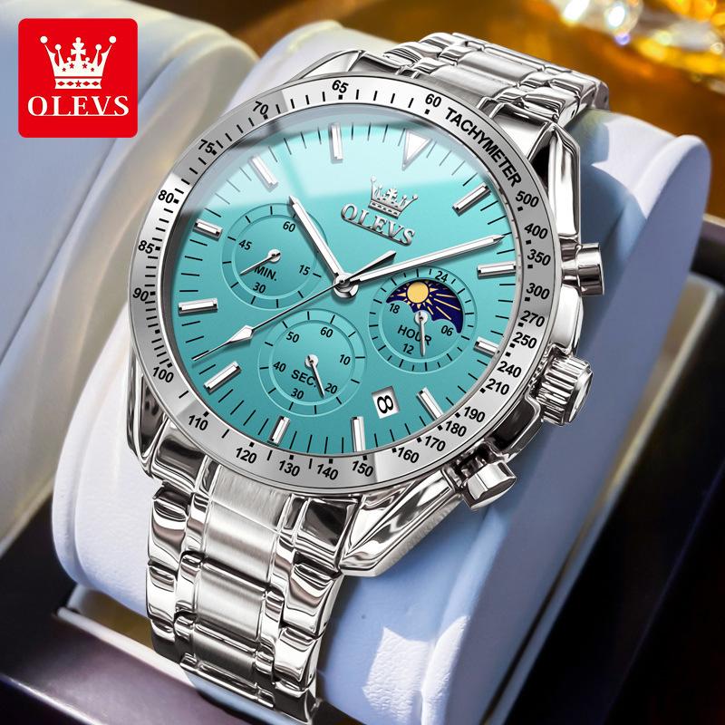 OLEVS 3618 Nagelneue Mode Hellblaue Quarz Herrenuhr Edelstahl Wasserdicht Leuchtend Datum Mondphase Chronograph Uhren Herren silber/blau